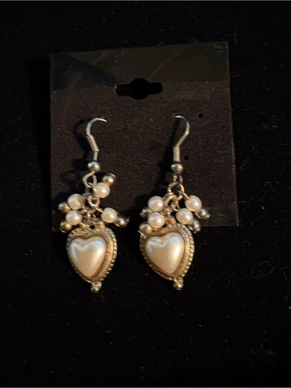 Pearl Heart Drop Earrings - White and Gold